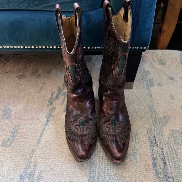 CORRAL Chestnut Turquoise Wing Fleur de Lis Snip Toe Cowgirl Boots Size 9.5 - Picture 3 of 13